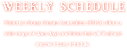 WEEKLY SCHEDULE 
Flaherty’s Kenpo Karate Association (FKKA) offers a wide range of class days and times that will fit almost anyone’s busy schedule. 